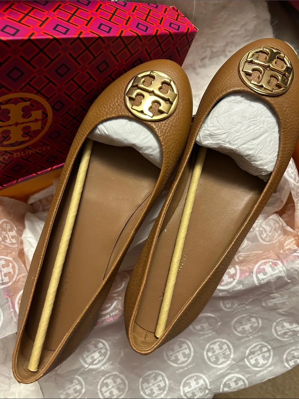 Tory Burch Tan Leather Logo Ballet Flats with Gold Emblem